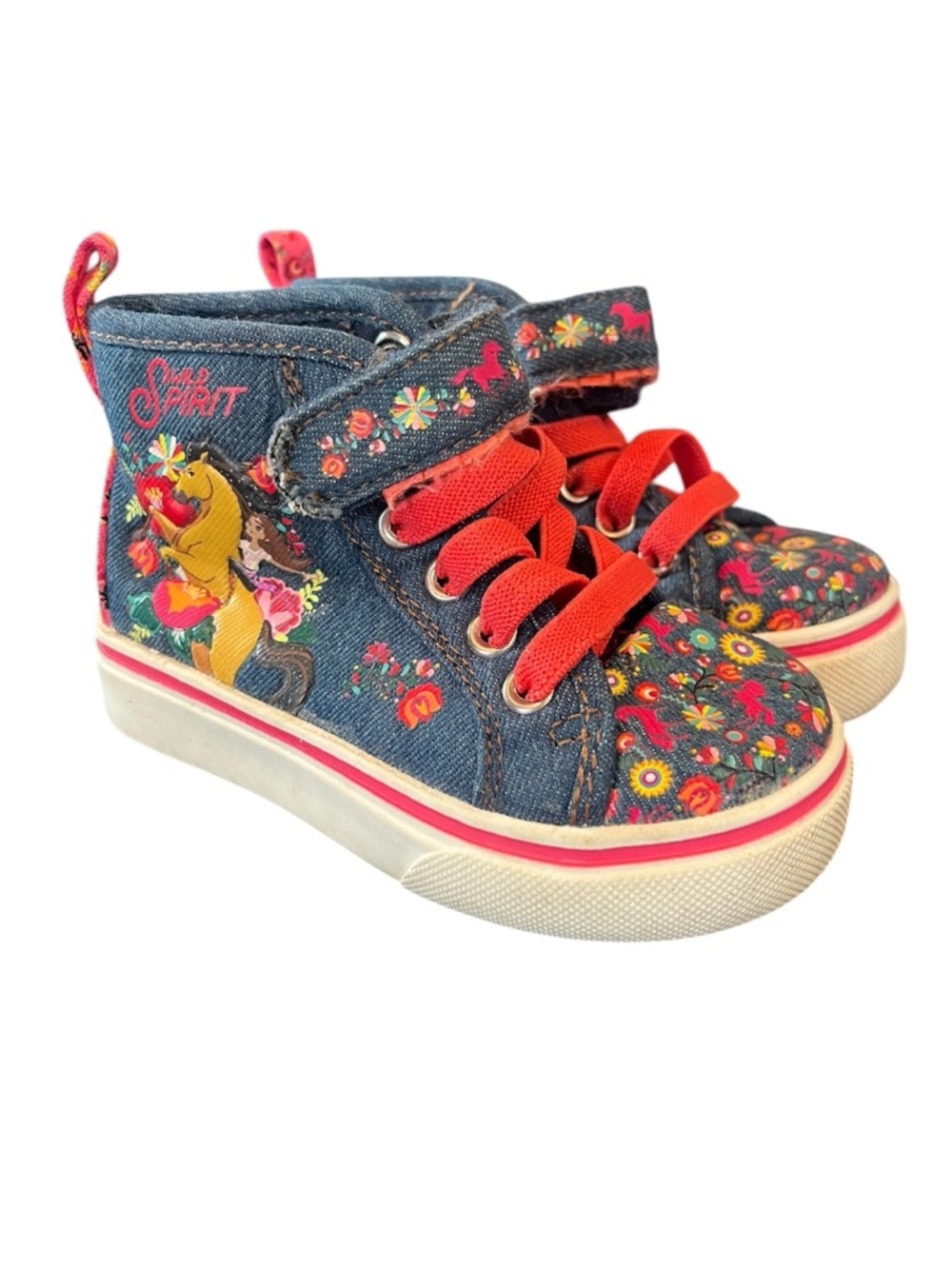 Spirit Horse Denim High-Top Kids Sneakers with Floral Design - Pink